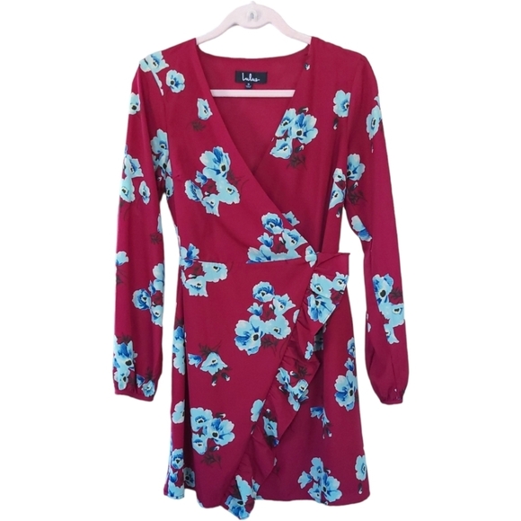 LULU'S Fascinating Fun Burgundy Floral Print Long Sleeve Wrap Dress Sz S - Picture 2 of 10